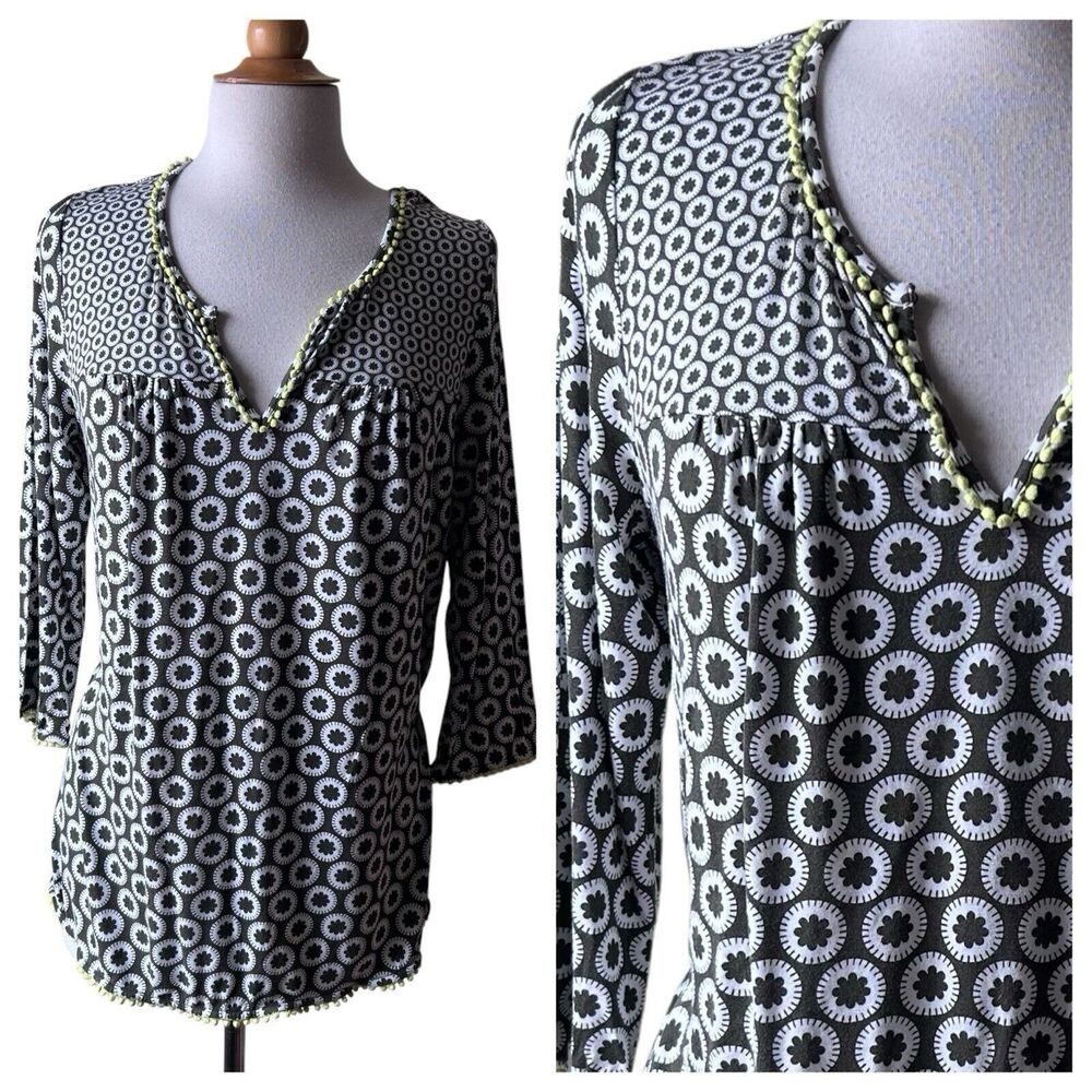 Boden Olive Green Grey White Floral Blouse With Pom Pom Detailing - Size 12